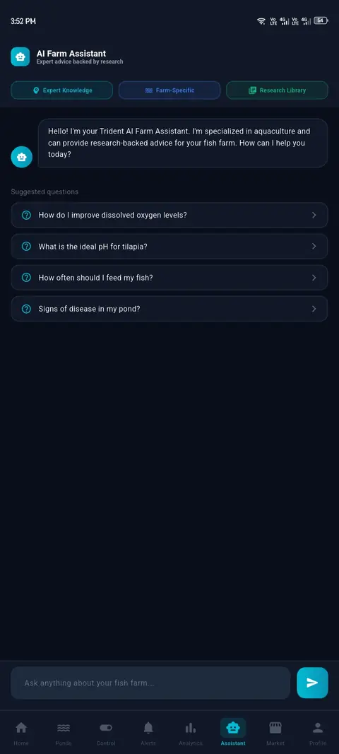 Trident app AI farm assistant screen with suggested questions about fish farming