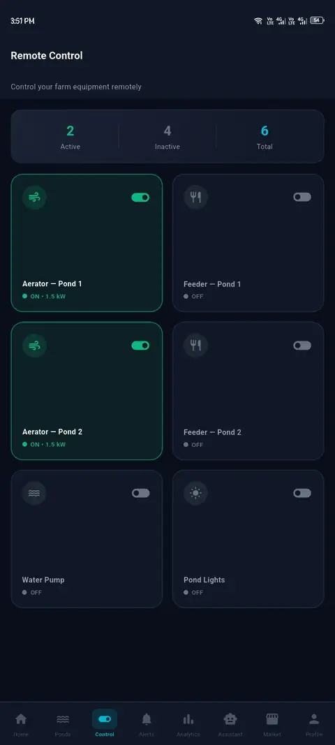 Trident app remote control screen with switches for aerators, feeders, a pump and lights