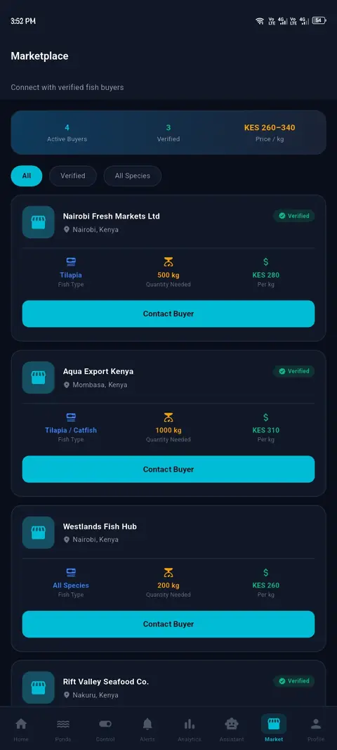 Trident app marketplace screen listing fish buyers and prices
